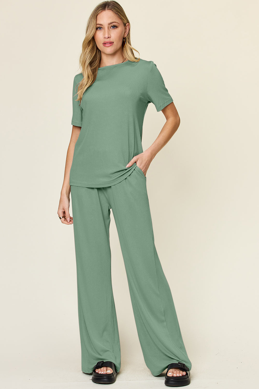 Double Take 4 Colors Round Neck Short Sleeve T-Shirt and Wide Leg Pants Set Light Green Trendsi