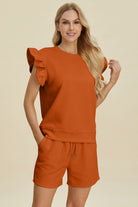 Double Take Geometric Textured Round Neck Ruffle Sleeve Top and Shorts Set Tangerine 3XL Trendsi