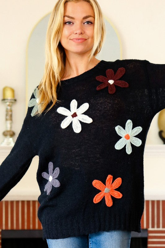 Haptics Eyes On You Black Flower Patch Oversized Knit Sweater Haptics