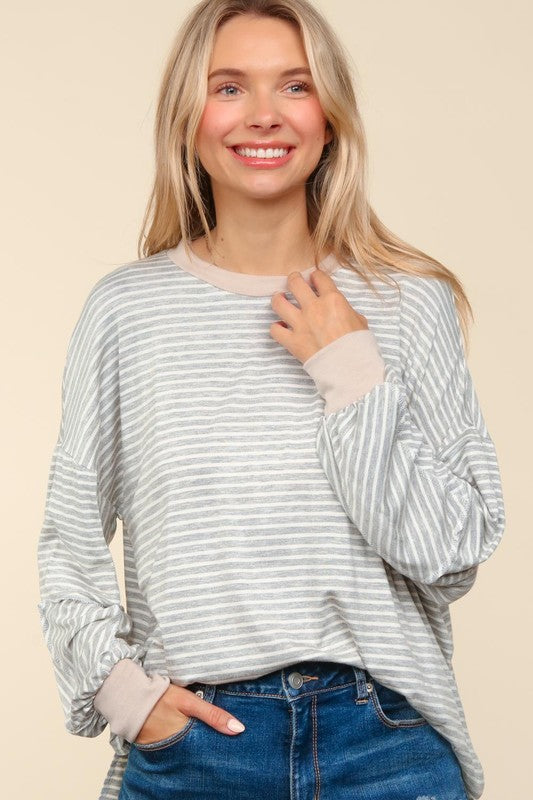 Haptics Spread Joy Grey & Ivory Striped Oversized Top