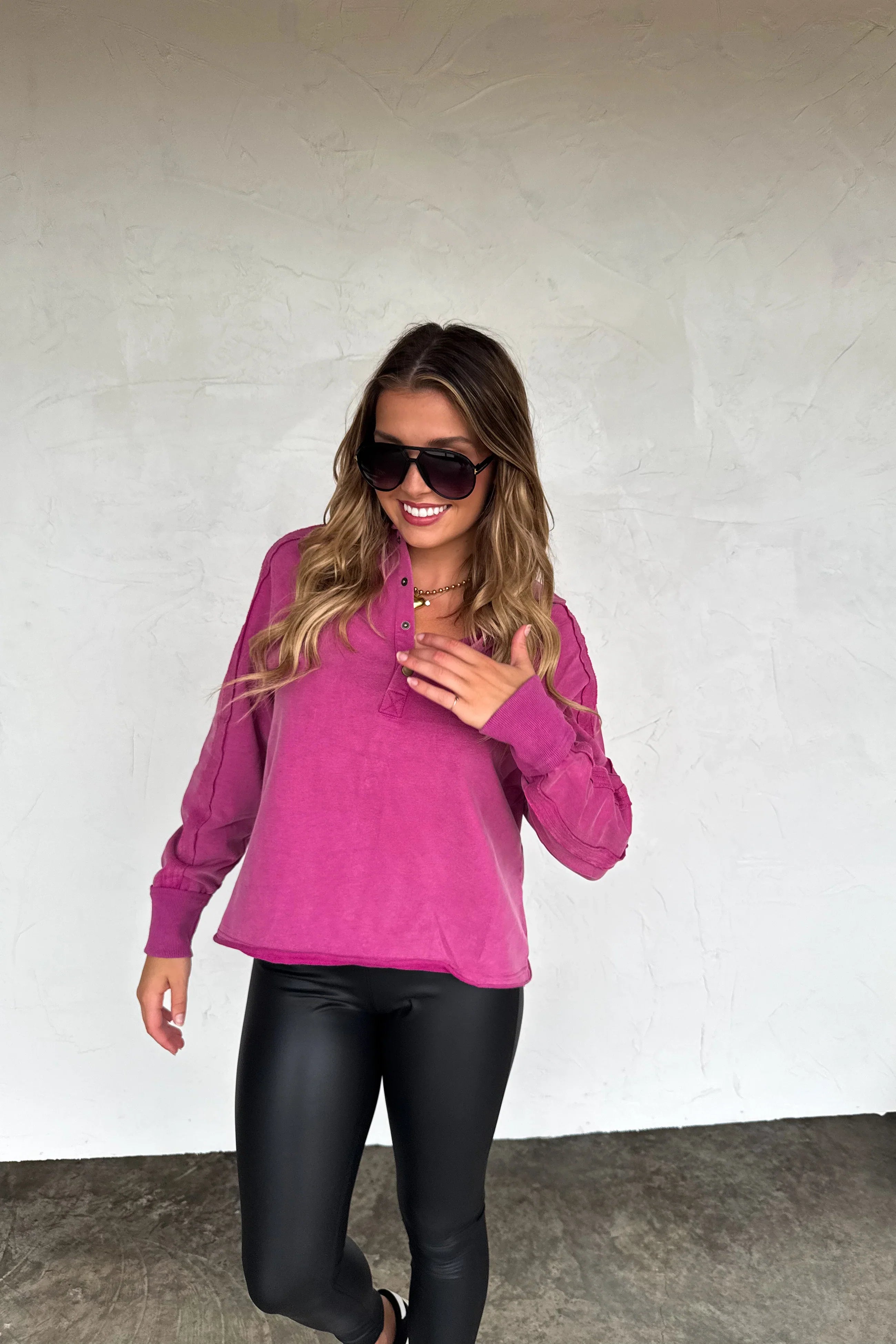 PREORDER: Blakeley Longer Length Marley Snap Button Sweatshirt Vintage Magenta Womens