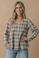 Haptics All in Check Pintuck Button Front Blouse in Oatmeal