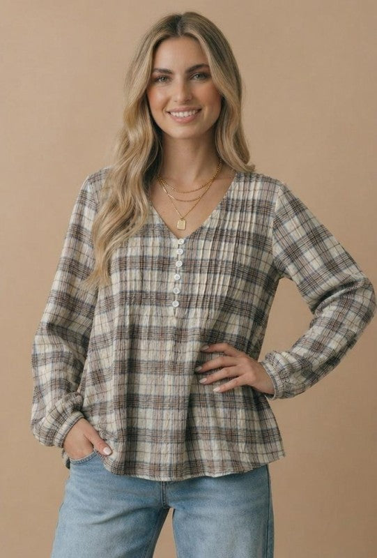 Haptics All in Check Pintuck Button Front Blouse in Oatmeal
