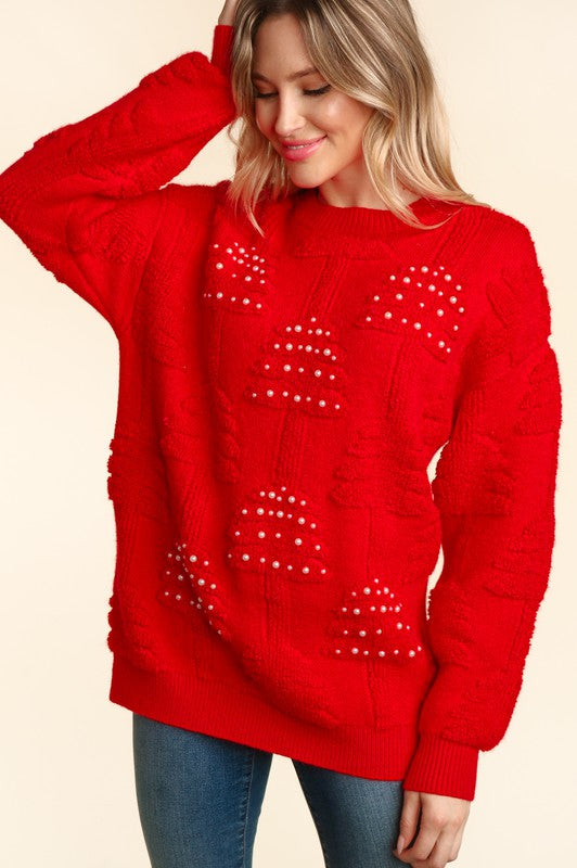 Haptics Holiday Red Christmas Trees With Pearls Sweater Haptics