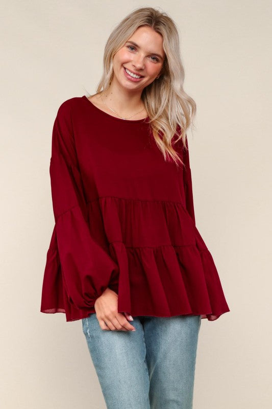 Haptics Wine Babydoll Oversized Blouse