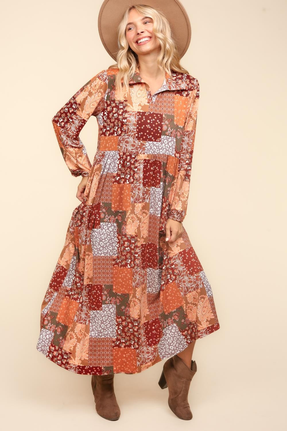 Haptics Patchwork Dreams Long Sleeve Midi Dress