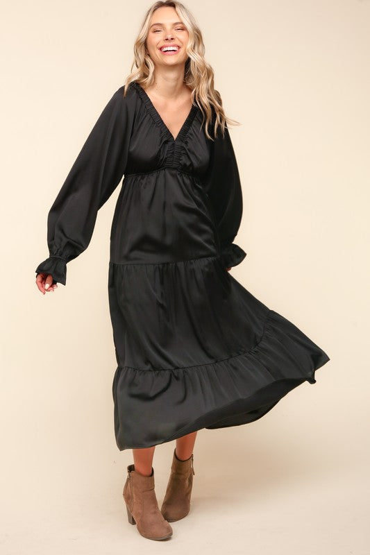 Haptics Elegant Black Elastic V Neck Tiered Satin Maxi Dress Haptics