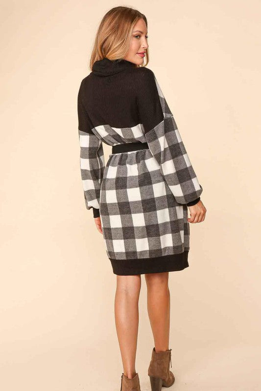 Haptics Black Buffalo Plaid Turtle Cowl Neck Belted Sweater Dress Final Sale Haptics