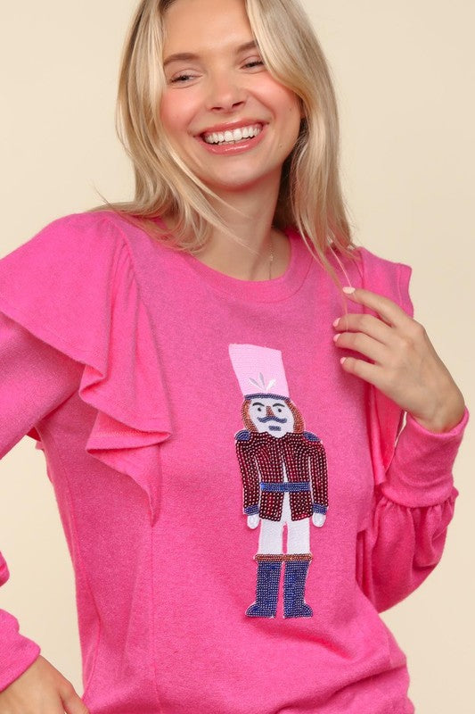 Haptics Holiday Hot Pink Sequin Nutcracker Ruffle Hacci Sweater Haptics