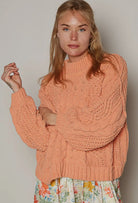 POL Coral Tangerine Mock Neck Cable Knit Sweater Coral Tangerine Trendsi