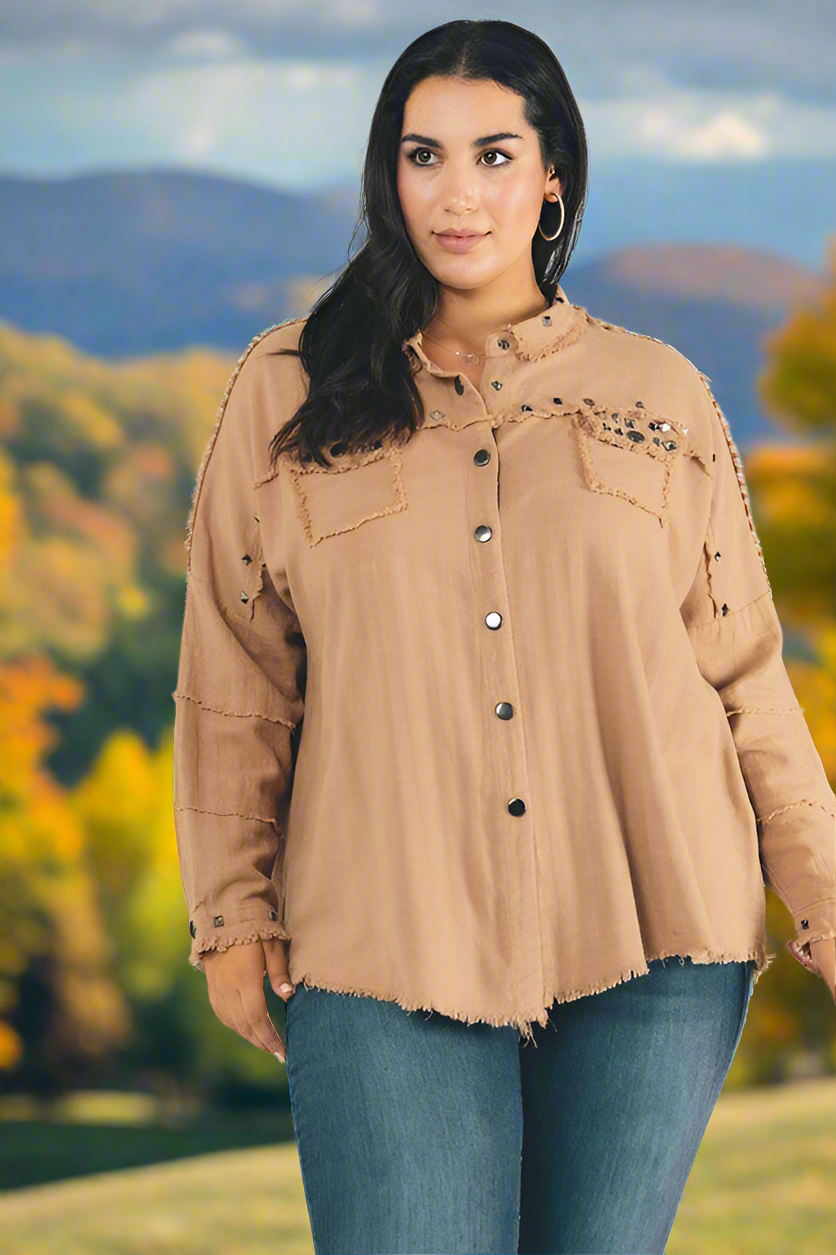 Davi & Dani Plus Distressed Hem Studded Button Down Oversized Shirt Taupe Davi & Dani