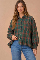 Ruffle the Rules Plaid Flannel Top in Green