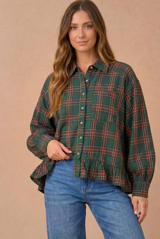 Ruffle the Rules Plaid Flannel Top in Green