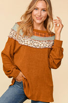 Haptics Rust Plaid & Leopard Color Block Tone Hacci Pullover Haptics