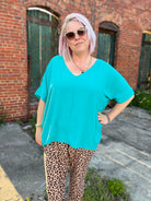 Zenana Light Teal Woven V Neck Dolman Short Sleeve Air Flow Top Ruby Idol Apparel