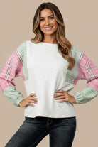 Haptics Solid Pullover Knit Top with Plaid Sleeves – Light Grey/Sage/Pink Small