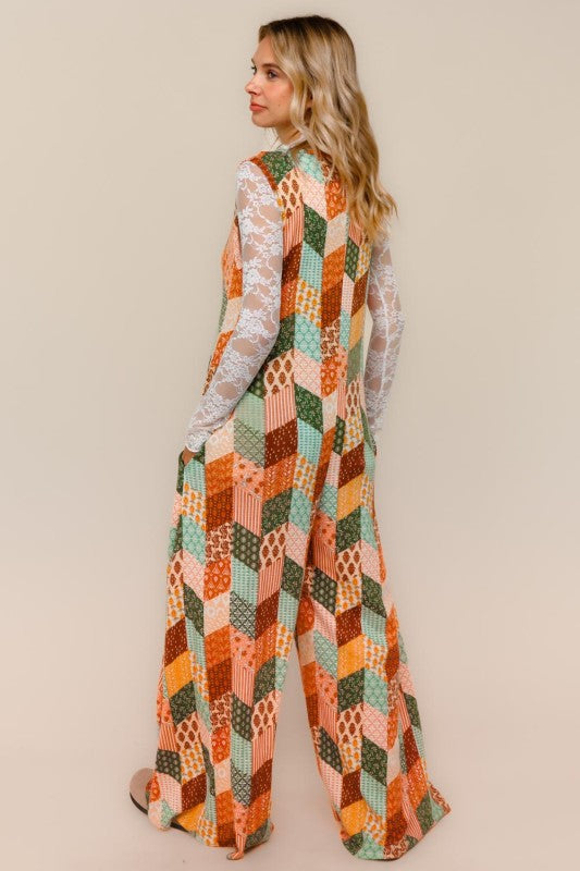 Haptics Button Down Boho Patchwork Wide Leg Jumpsuit