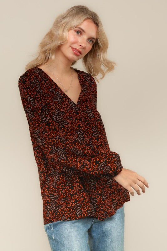 Haptics Mixed Leaf & Zig-Zag Print V-Neck Blouse – Black/Orange