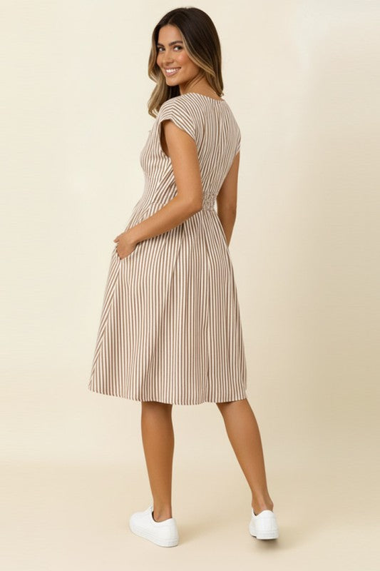 Haptics Blue Fully Lined V-Neck Stripe Dress with Back Smocked Waist