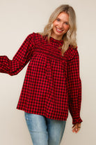 Haptics Red Frilled Mock Neck Gingham Check Woven Blouse