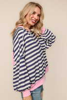Haptics Navy & Pink Crew Neck With Triangle Detail Drop Shoulder Loose Fit Oversized Long Sleeve Color Block Stripe French Terry Pullover
