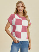 Double Take Checkered Round Neck Short Sleeve Sweater Dusty Pink Trendsi