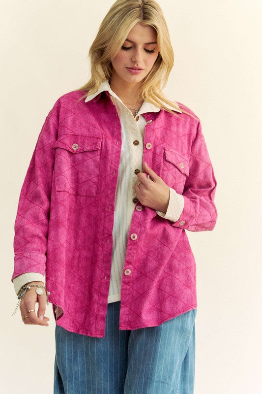 Davi & Dani Hot Pink Curved Hem Diamond Quilted Button Up Denim Shacket Trendsi