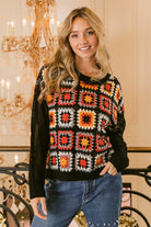 BiBi Black Multi Color Granny Square Front Long Sleeve Top