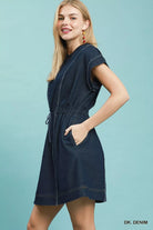 Umgee Dark Denim Drawstring Waist Frayed Denim Mini Dress