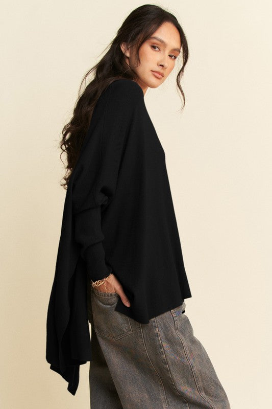 Davi & Dani Black Ribbed High-Low Side Slit Batwing Sleeve Top