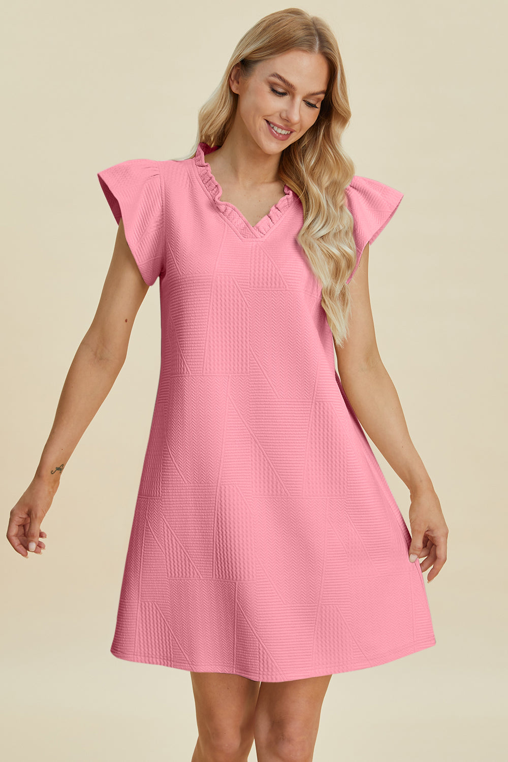 Double Take: 5 Colors Quilted Ruffled V-Neck Cap Sleeve Dress Dresses