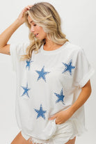 BiBi Off White Beaded Blue Stars Applique Fourth of July Terry T-Shirt