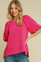 Umgee Hot Pink Boxy Cut Jacquard Round Neck Top with Side Slit Hot Pink