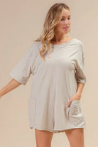 BiBi Oatmeal Short Sleeve Back Open Washed Romper OATMEAL