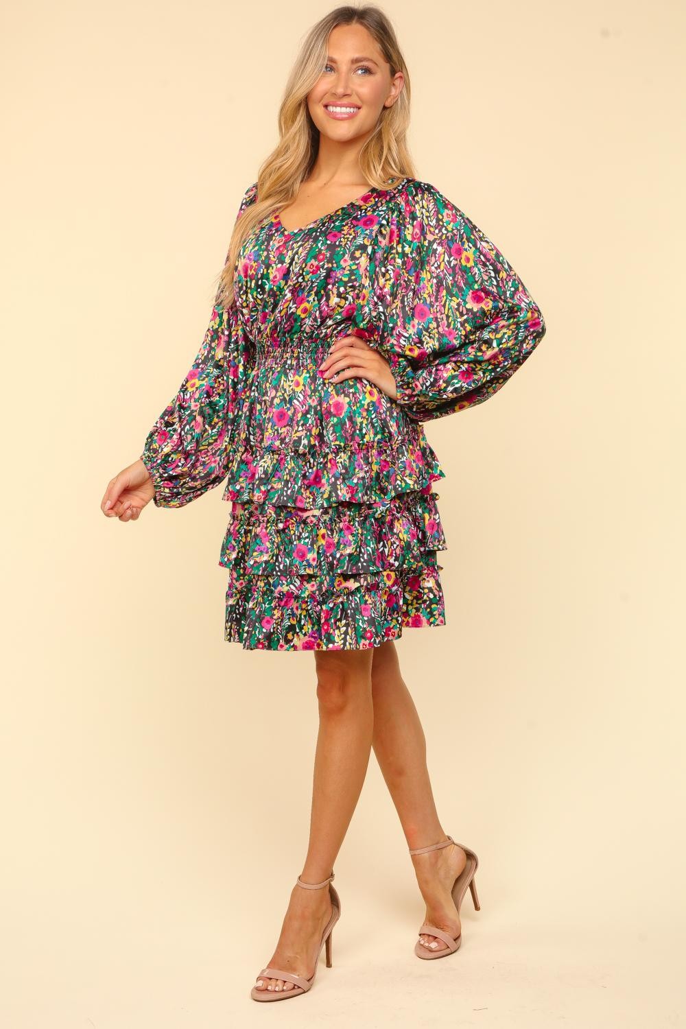 Haptics V-Neck Satin Floral Layered Dress Trendsi