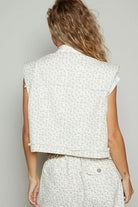 POL Ivory & Apricot Floral Asymmetrical Front Closure Raw Hem Floral Denim Vest