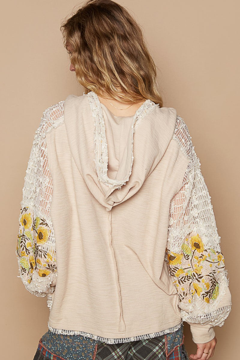 POL Beige Star Patch Lace Long Sleeve Hooded Top Trendsi