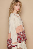 POL Coconut Multi Round Neck Half Button Color Block Top with Merrow Edge Detail