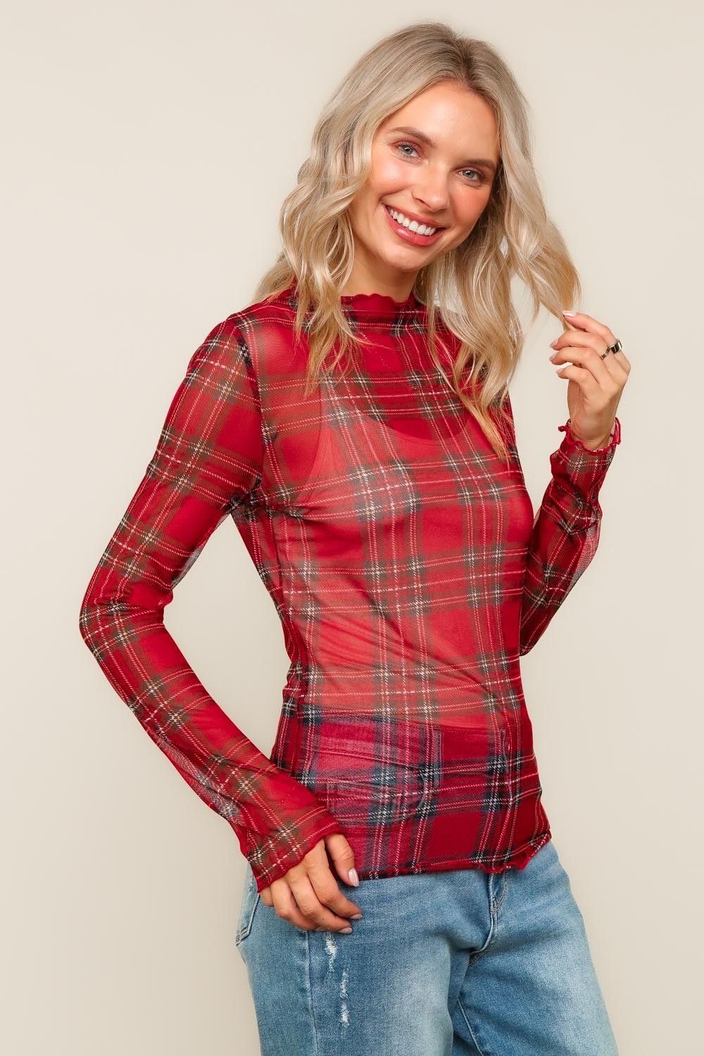 Haptics Red High Neck Line Plaid Mesh Semi Sheer Top – Ruby Idol