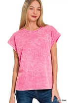 Zenana Hot Pink Halo Washed Cuffed Short Sleeve Tee HOT PINK
