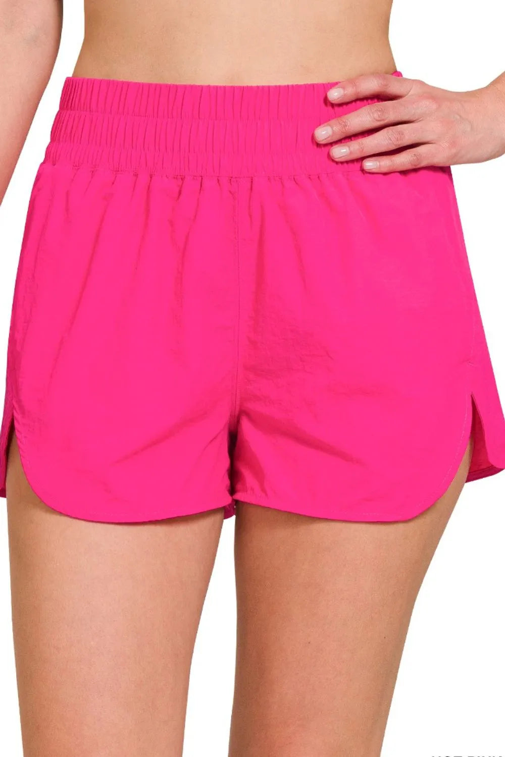 Zenana Windbreaker Smocked Waistband Running Shorts HOT PINK