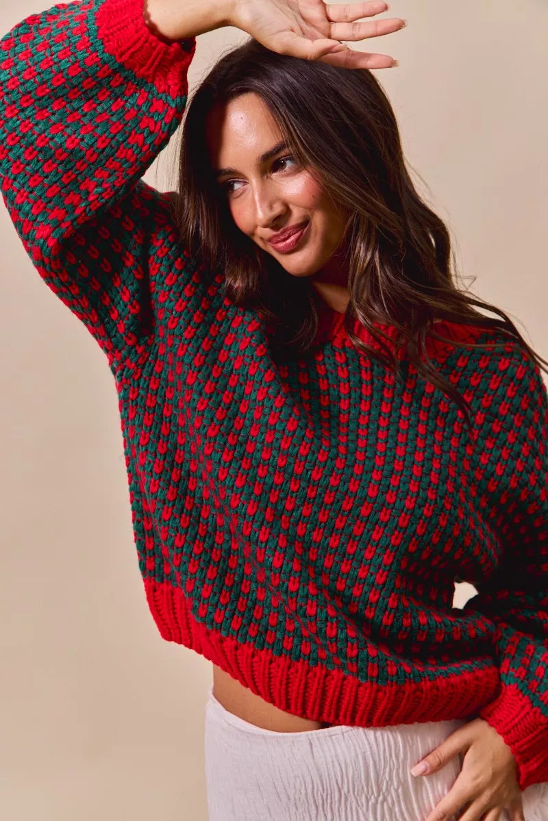 SO ME Red & Hunter Green Textured Two Tone Sweater
