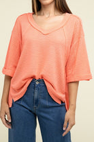 Zenana Brushed Waffle Exposed-Seam 3/4 Sleeve Top NEON CORAL ZENANA