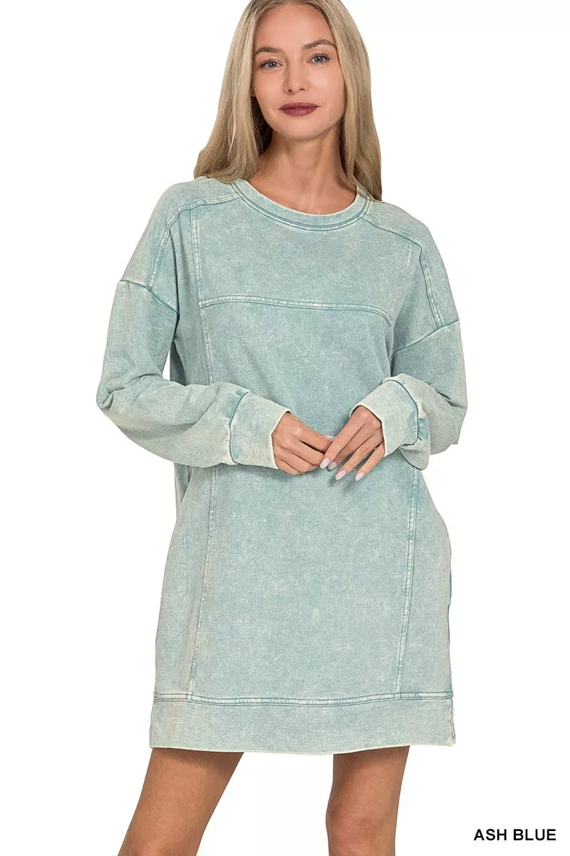 Zenana Ash Blue French Terry Acid Washed Dress with Pockets ASH BLUE