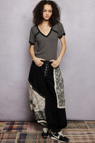 POL Charcoal Lace Detail V-Neck Short Sleeve Textured T-Shirt