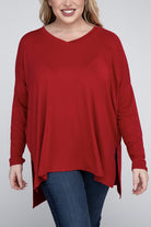 Zenana Plus Size Dolman Sleeve V-Neck Side Slit Hi-Low Hem Top DK RED ZENANA