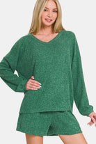 Zenana Dark Green V-Neck Long Sleeve Ribbed Top and Shorts Set Dark Green Loungewear