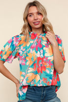 Haptics Perfectly You Mint Big Floral Frill Neck Back Button Blouse