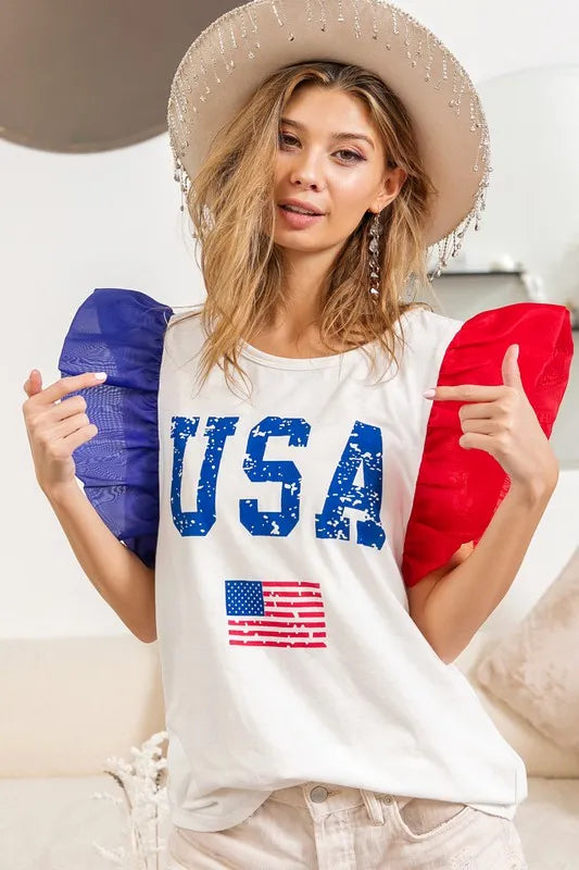 BiBi USA Theme Color Block Organza Ruffle Sleeve Top OFF WHITE