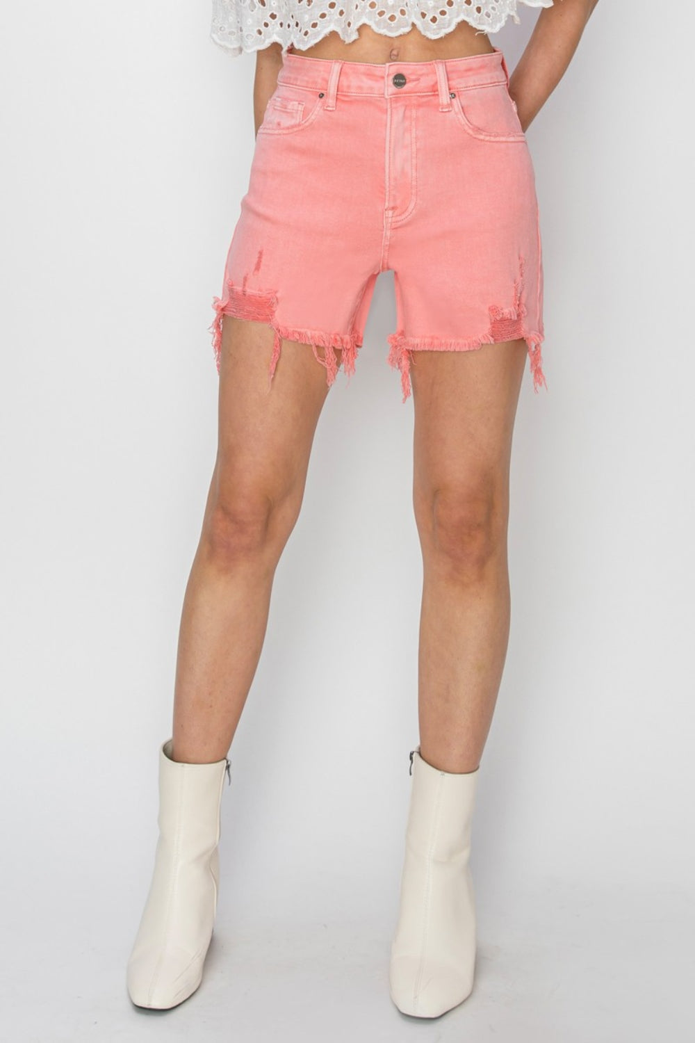 RISEN Flamingo High Rise Distressed Denim Shorts Trendsi